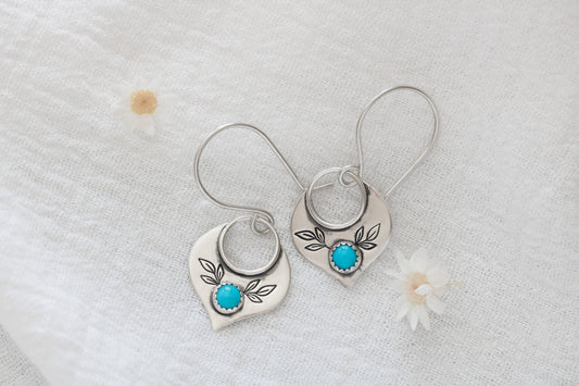 Sterling Silver & Turquoise Lotus Petal Earrings • Floral Earrings • Quatrefoil Earrings • Marrakesh Drop Dangle Earring • Artisan Jewelry