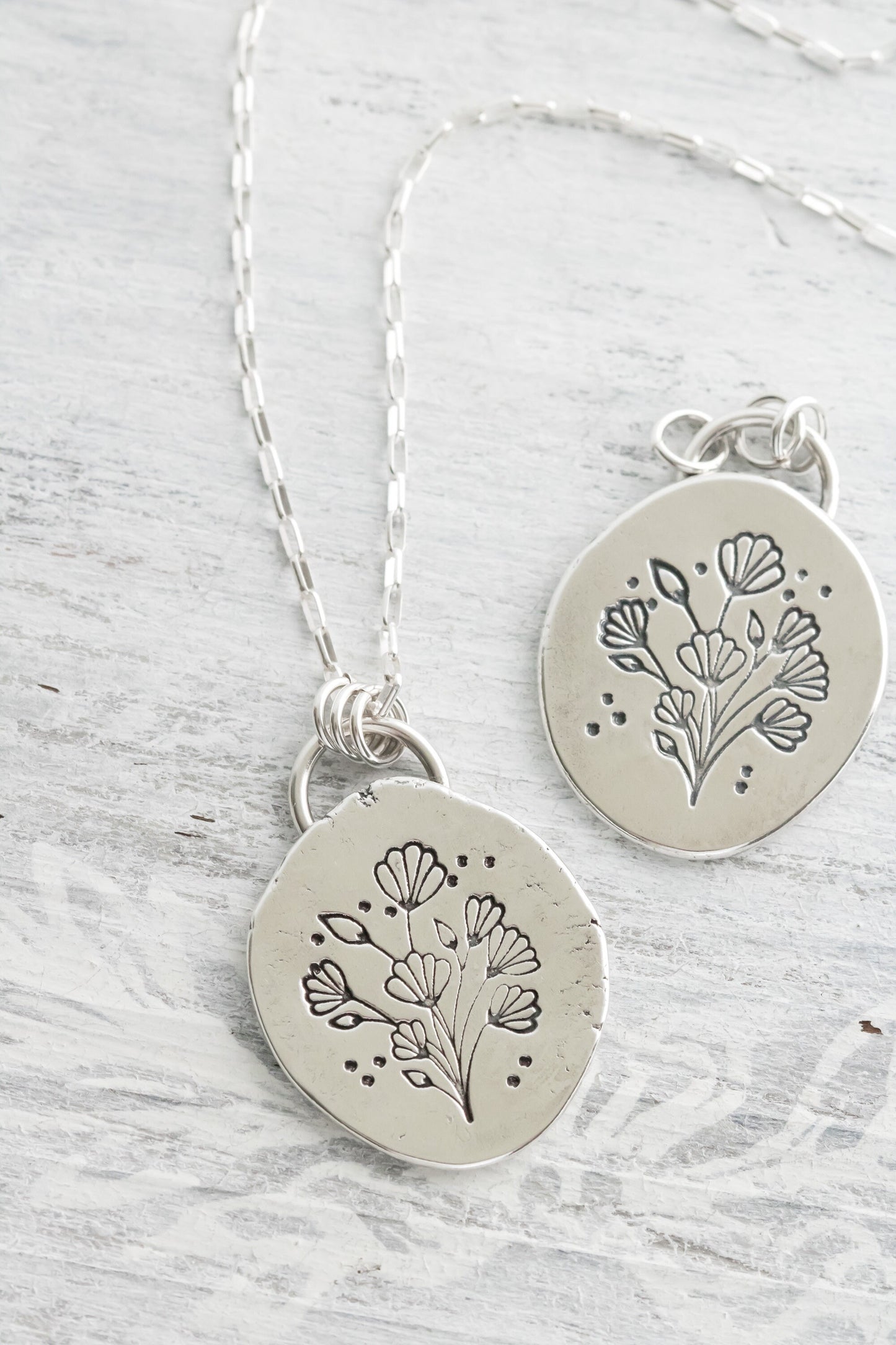 Hand Stamped Sterling Silver Wild Flowers Necklace •  Art Nouveau Flower Bouquet Necklace