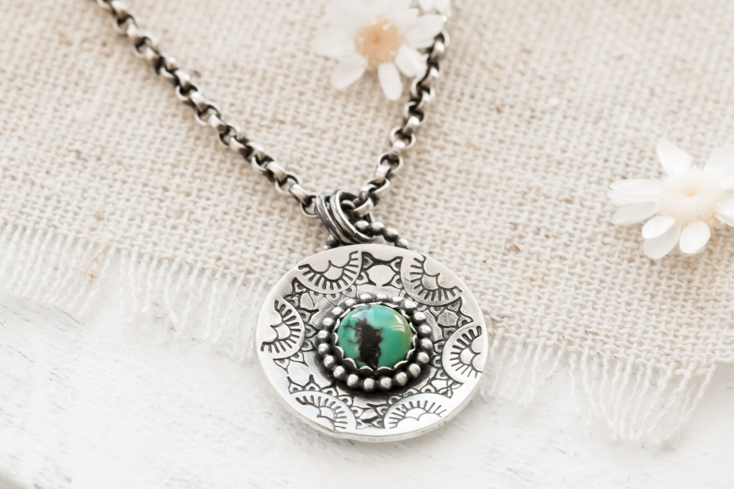 Sterling Silver Turquoise • Mandala Necklace  • Tribal Jewelry • Handmade Artisan Jewelry • Boho Southwestern Pendant • Medallion Charm