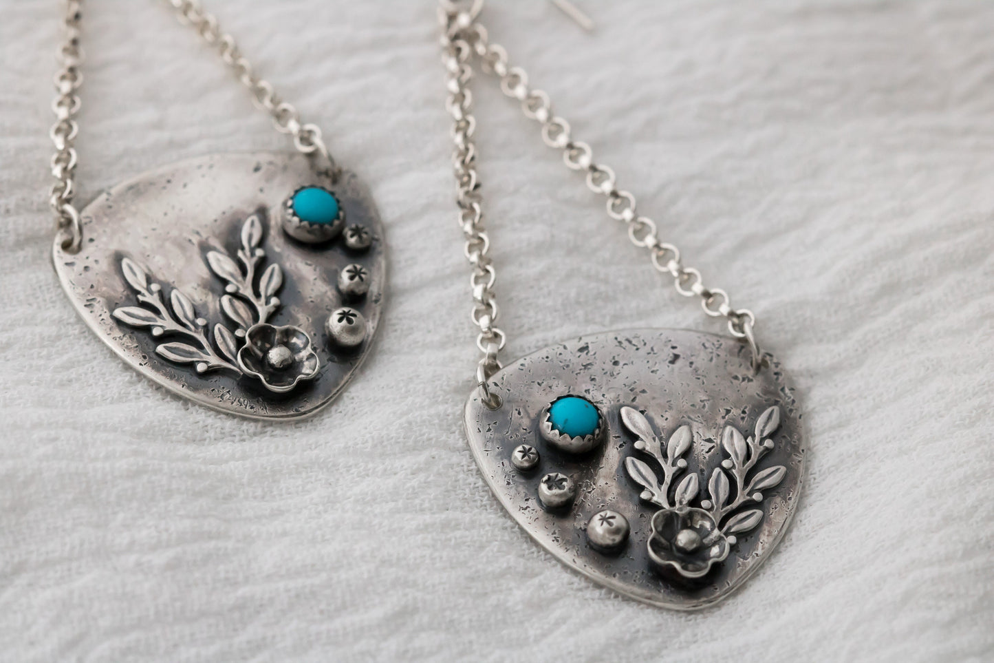 Sterling Silver and Turquoise Floral inspired Artisan Earrings • Botanical Earrings • Dangle Drop Earrings