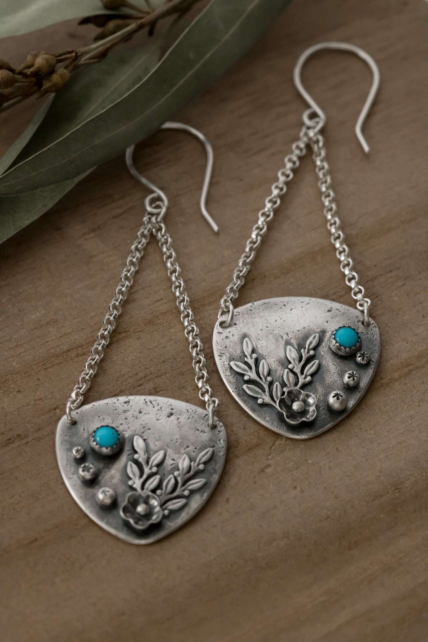 Sterling Silver and Turquoise Floral inspired Artisan Earrings • Botanical Earrings • Dangle Drop Earrings