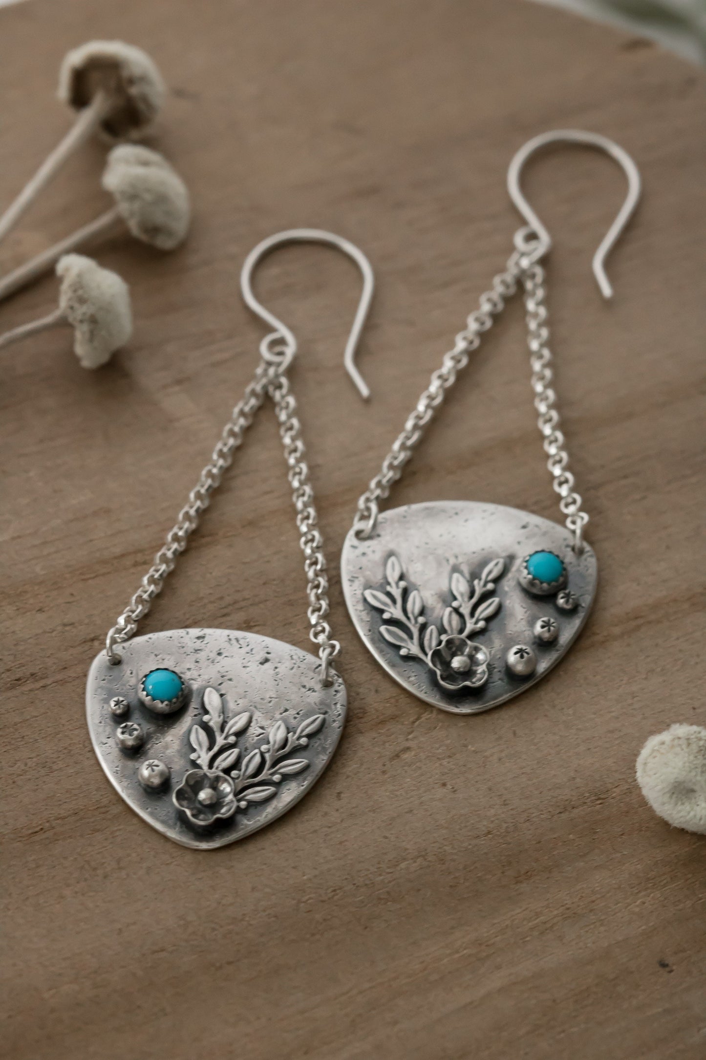 Sterling Silver and Turquoise Floral inspired Artisan Earrings • Botanical Earrings • Dangle Drop Earrings