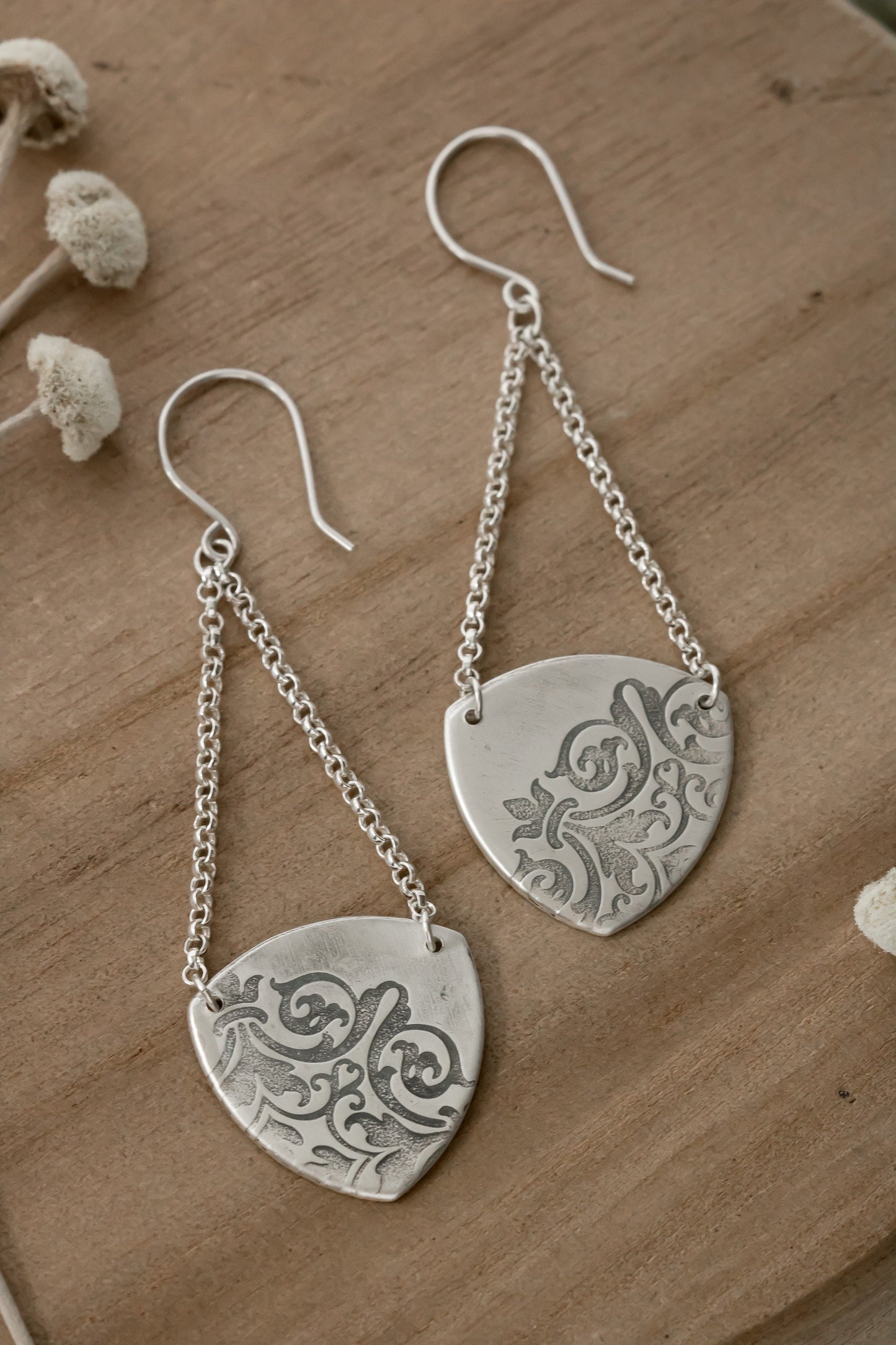 Sterling Silver Dangle Drop Artisan Earrings • Mandala Earrings • Trillion Earrings • Long Sheild Earrings