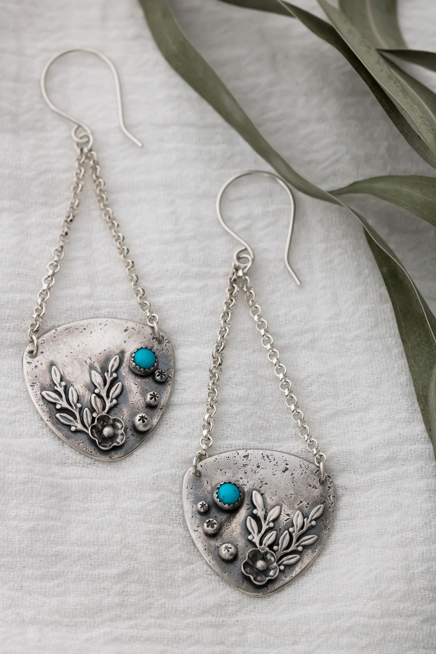 Sterling Silver and Turquoise Floral inspired Artisan Earrings • Botanical Earrings • Dangle Drop Earrings