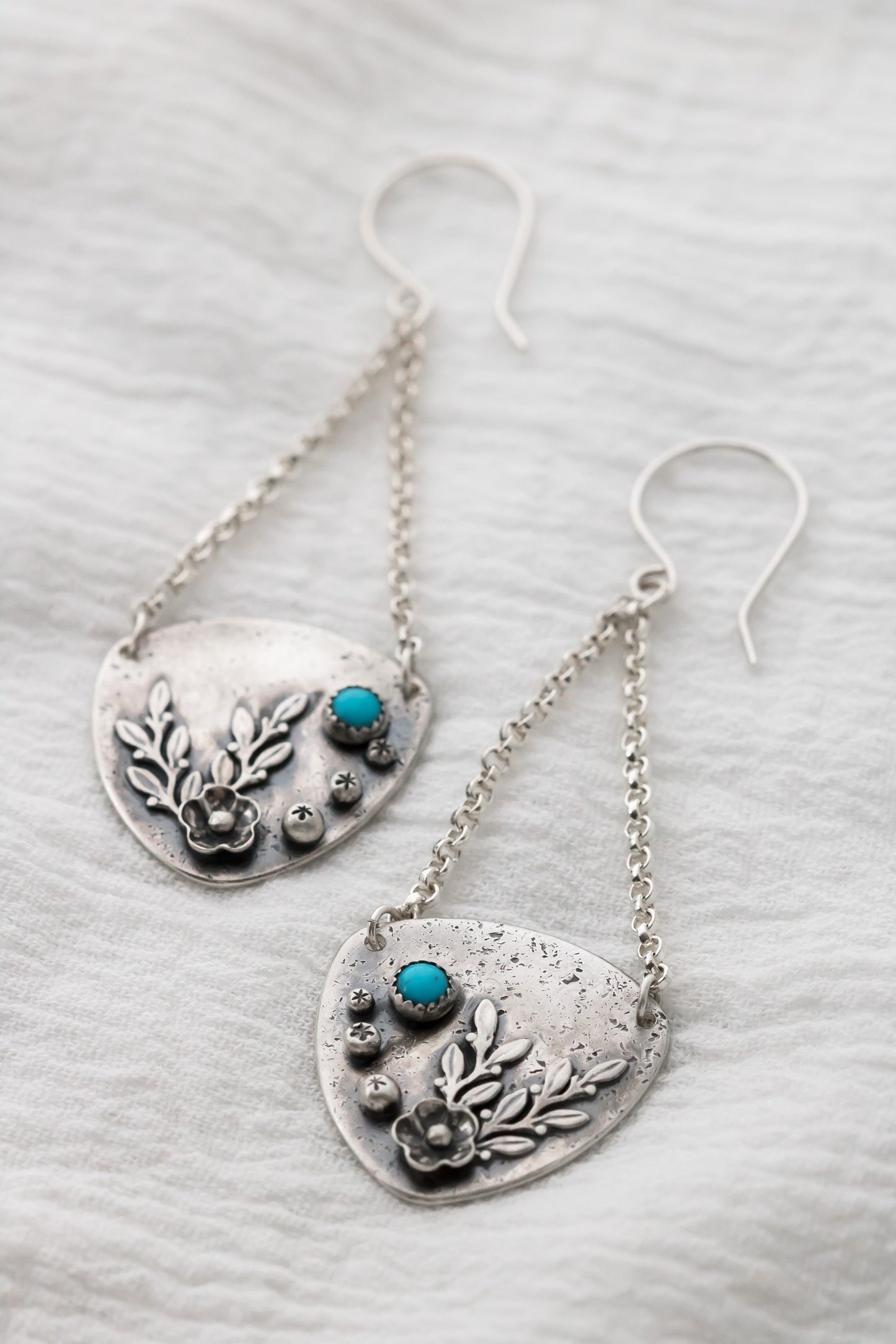 Sterling Silver and Turquoise Floral inspired Artisan Earrings • Botanical Earrings • Dangle Drop Earrings