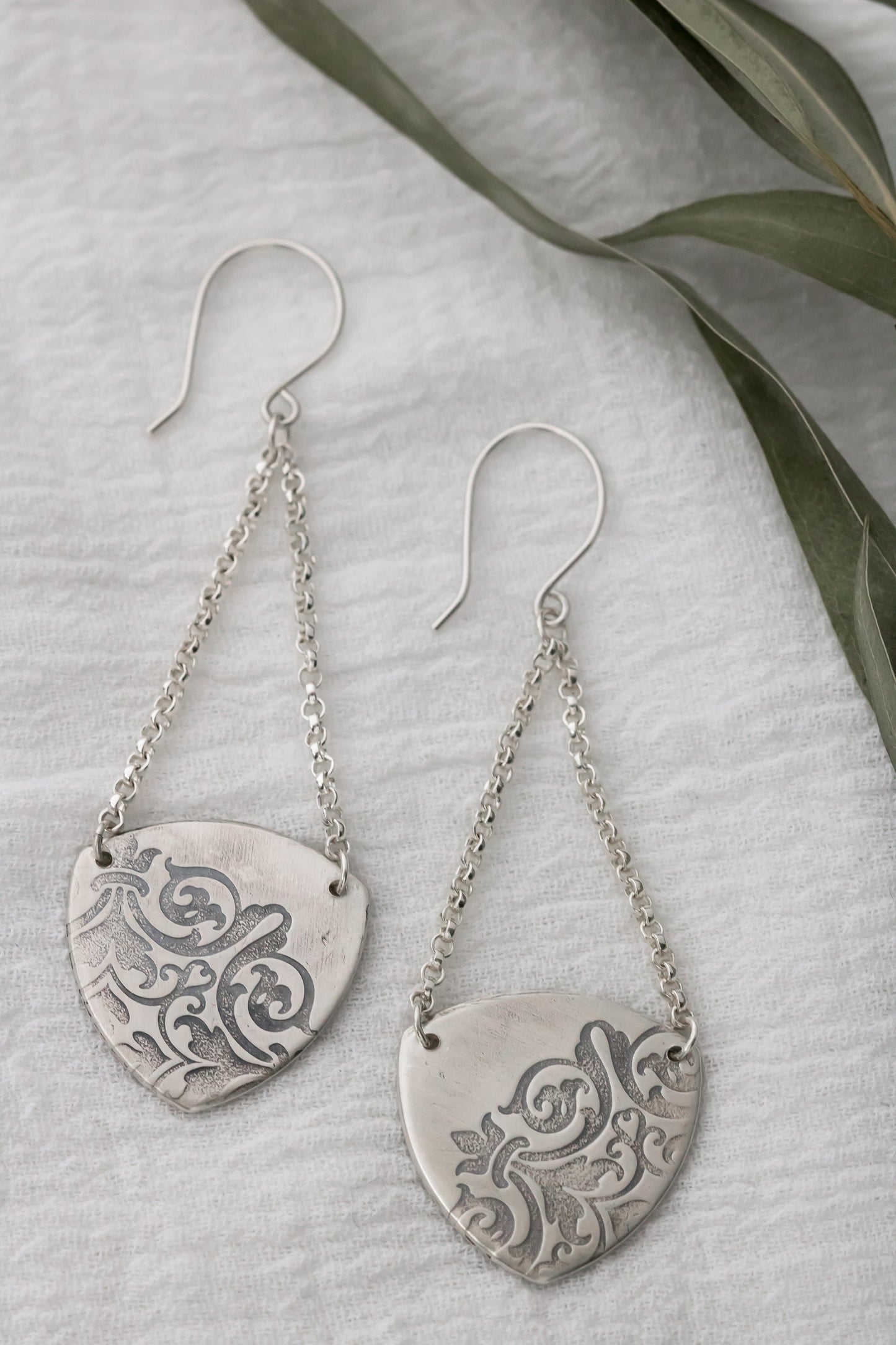 Sterling Silver Dangle Drop Artisan Earrings • Mandala Earrings • Trillion Earrings • Long Sheild Earrings