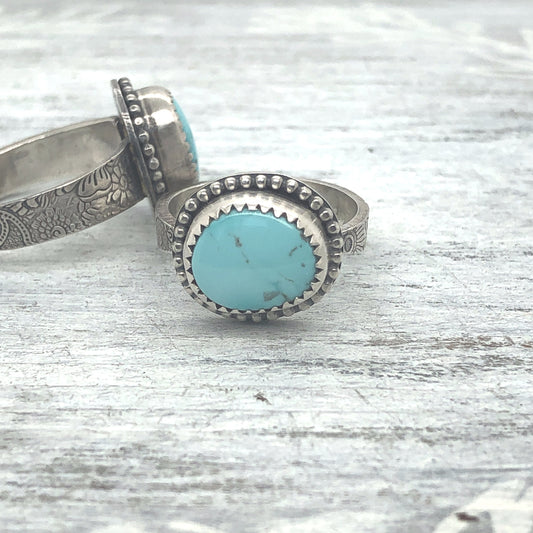 Sterling Silver and Turquoise Rings ∙ Carico Lake Turquoise ∙ Floral Band Ring ∙  Botanical Jewelry ∙ Turquoise Ring For Women