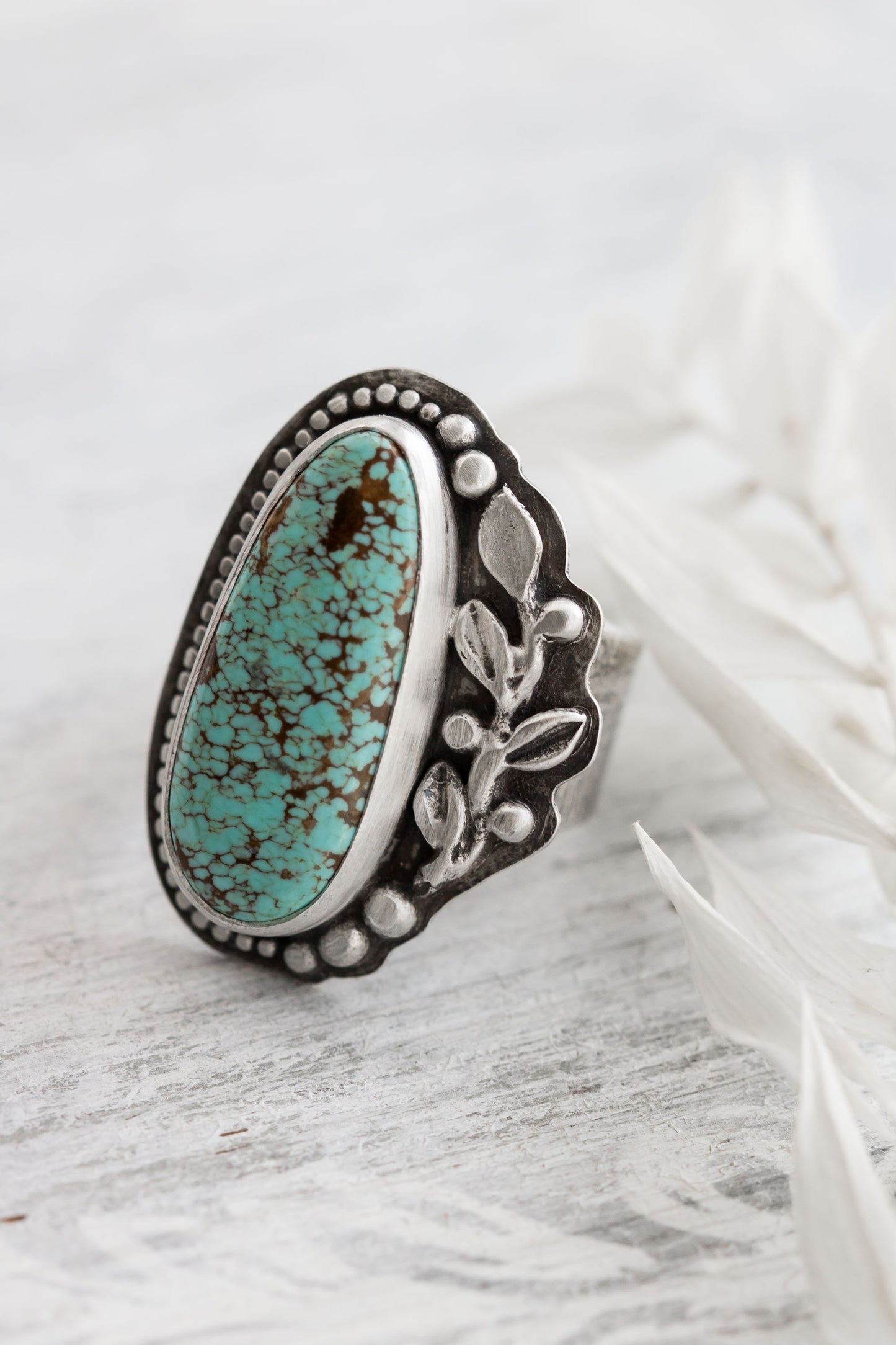 Sterling Silver & Turquoise Floral Ring • Large Statement Ring • One of a Kind Ring • Floral Inspired Jewelry • Nature Inspired ・ US Size 9