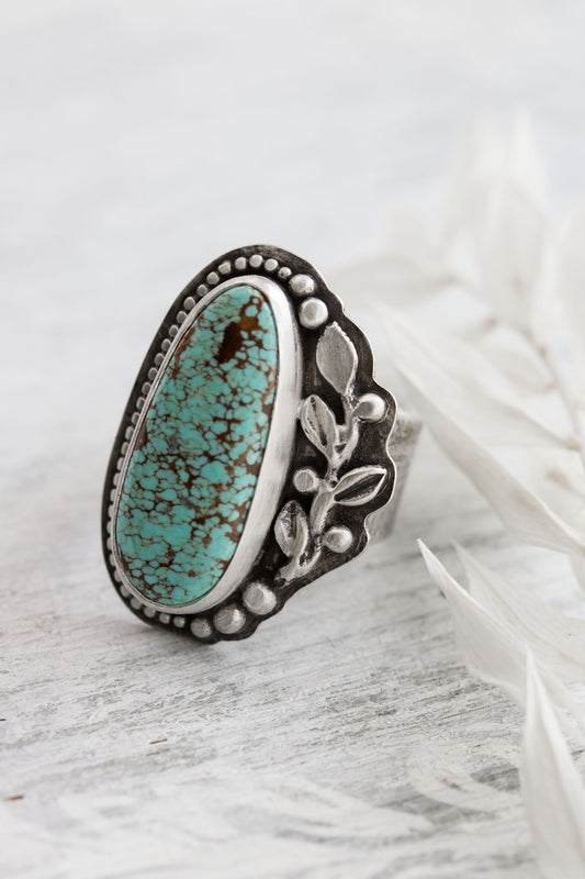 Sterling Silver & Turquoise Floral Ring • Large Statement Ring • One of a Kind Ring • Floral Inspired Jewelry • Nature Inspired ・ US Size 9