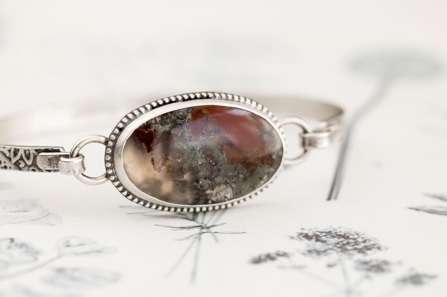 Sterling Silver and Moss Agate Tension Cuff Bracelet • Artisan Jewelry • Scenic Moss Agate