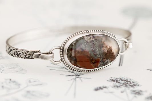 Sterling Silver and Moss Agate Tension Cuff Bracelet • Artisan Jewelry • Scenic Moss Agate