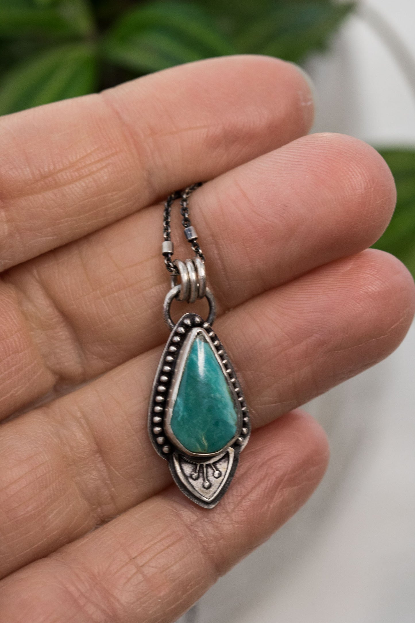 Long Tear Drop Turquoise Necklace • Genuine Turquoise and Sterling Silver Necklace With Floral Accent