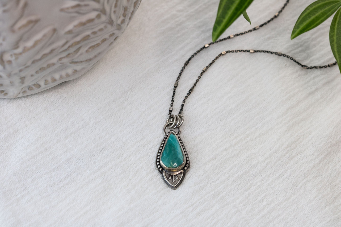 Long Tear Drop Turquoise Necklace • Genuine Turquoise and Sterling Silver Necklace With Floral Accent