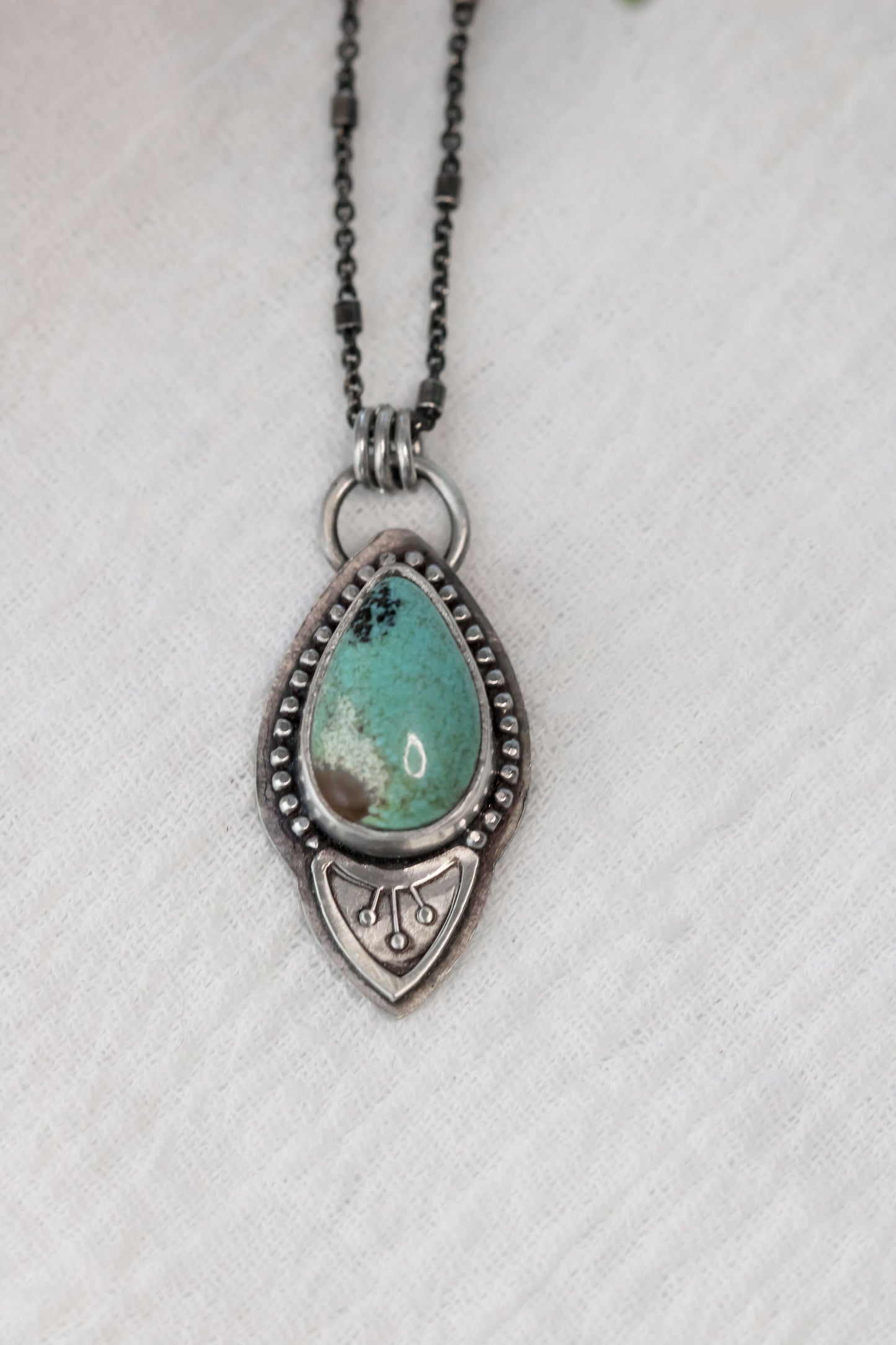 Sterling Silver Tear Drop Turquoise Necklace • Genuine Turquoise Necklace With Floral Accent • Boho Petite Turquoise Charm • Made In USA