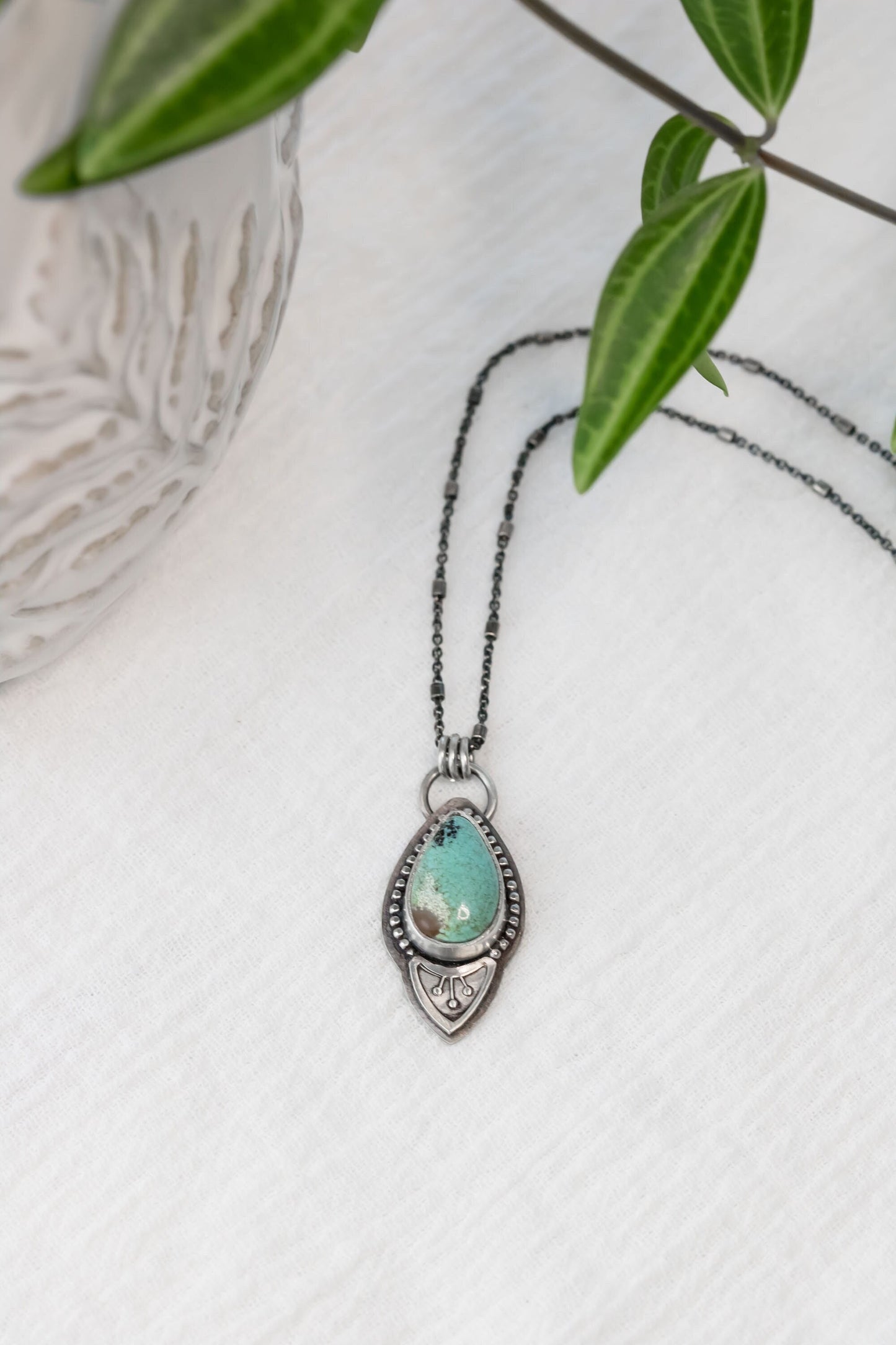 Sterling Silver Tear Drop Turquoise Necklace • Genuine Turquoise Necklace With Floral Accent • Boho Petite Turquoise Charm • Made In USA