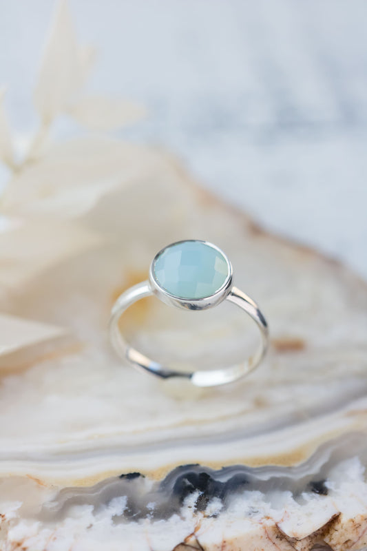 Sterling Silver Aqua Chalcedony Stacking Ring • Aqua Chalci Sterling Silver Ring • Boho Statement Ring - March Birthstone Ring For Her