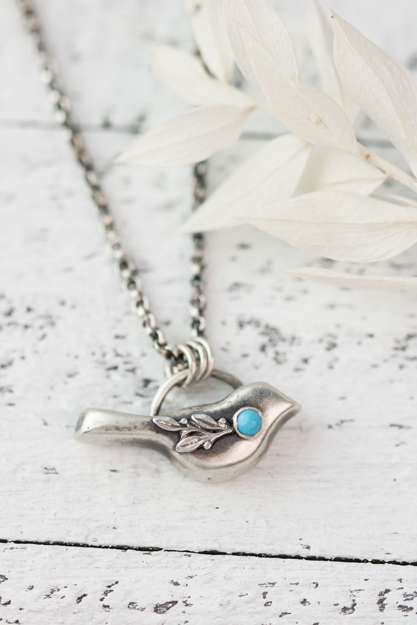 Sterling Silver and Turquoise Floral Bird Necklace • Bird Lover Gift • Nature Jewelry Woman • Small Bird Necklace • Bird Watcher Gift