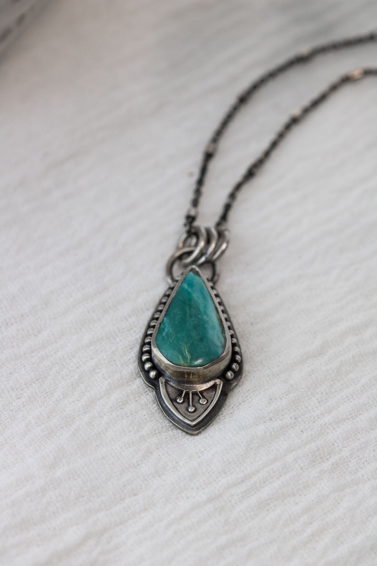 Long Tear Drop Turquoise Necklace • Genuine Turquoise and Sterling Silver Necklace With Floral Accent