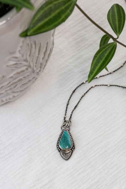 Long Tear Drop Turquoise Necklace • Genuine Turquoise and Sterling Silver Necklace With Floral Accent