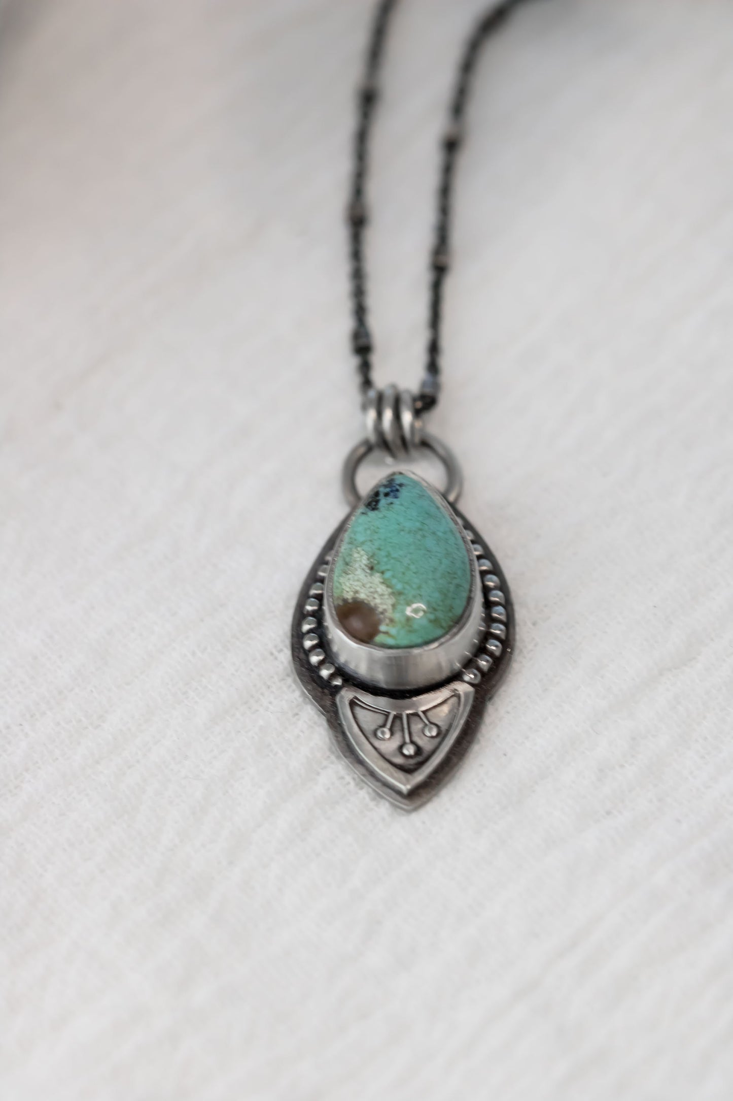 Sterling Silver Tear Drop Turquoise Necklace • Genuine Turquoise Necklace With Floral Accent • Boho Petite Turquoise Charm • Made In USA