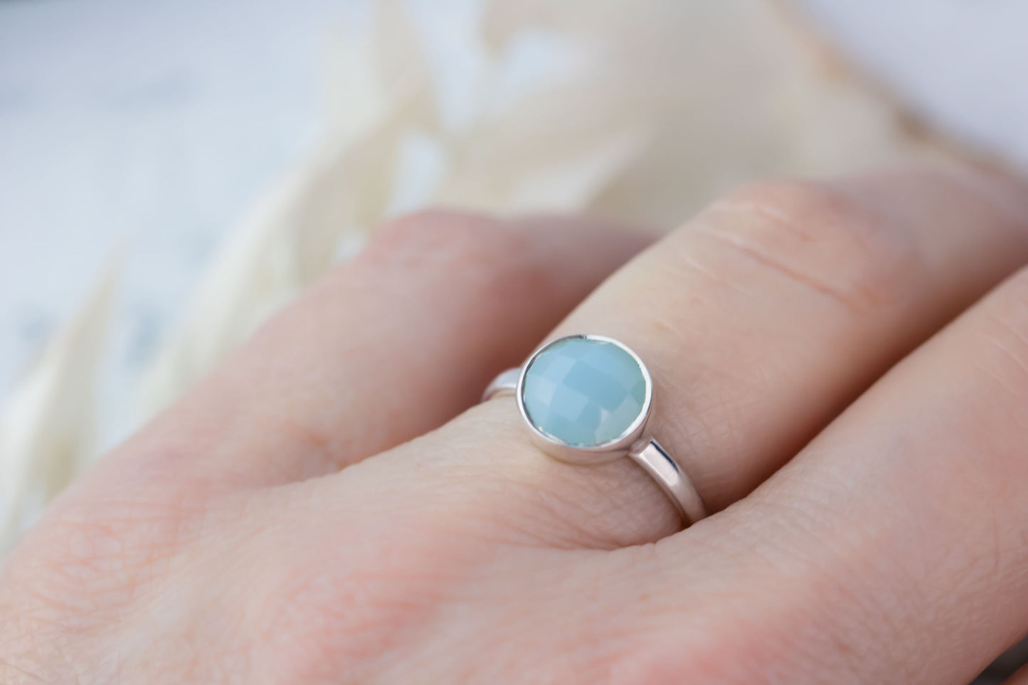 Sterling Silver Aqua Chalcedony Stacking Ring • Aqua Chalci Sterling Silver Ring • Boho Statement Ring - March Birthstone Ring For Her