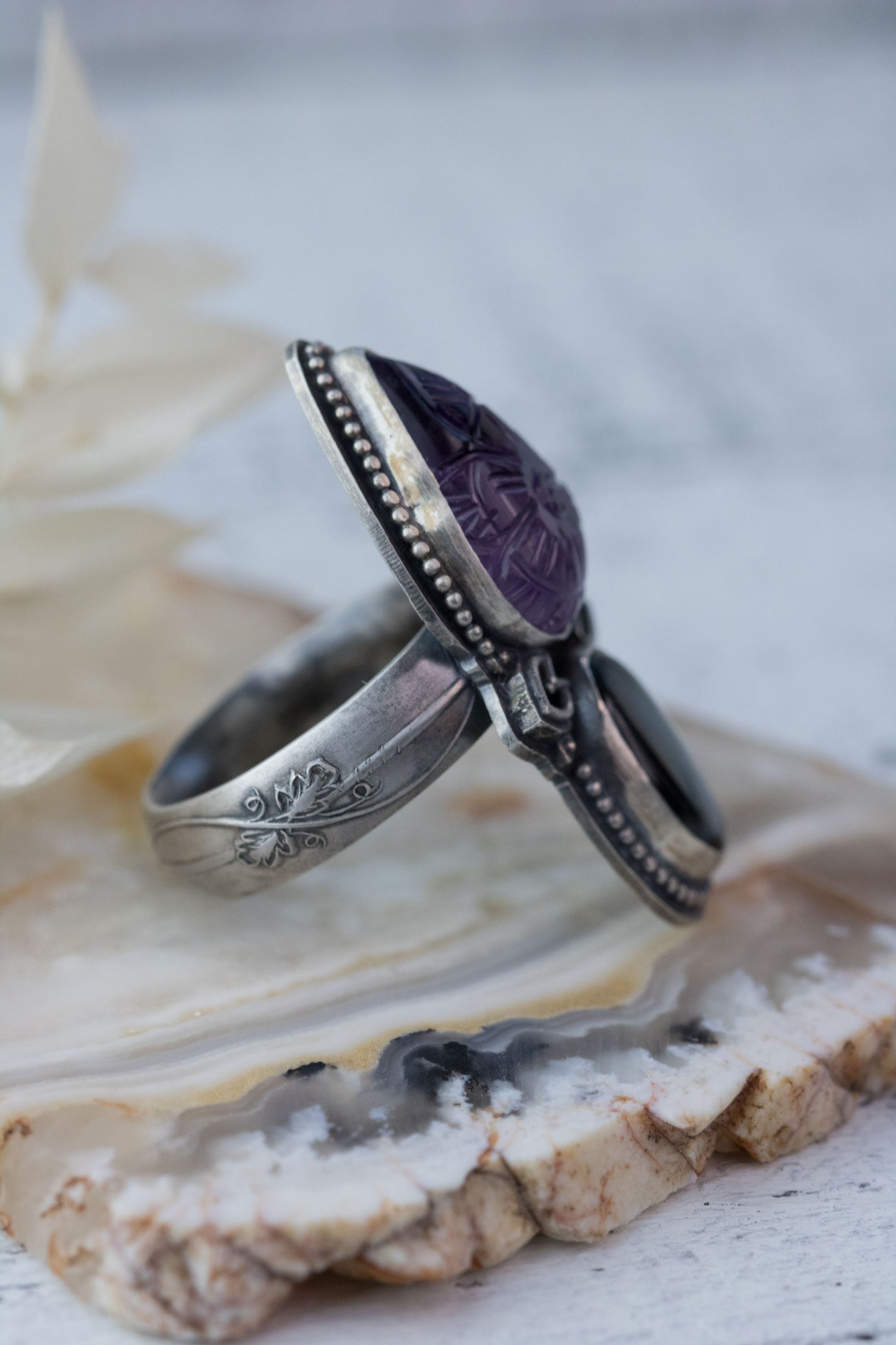 Beautiful Carved Amethyst and Mother of Pearl Sterling Silver Ring 