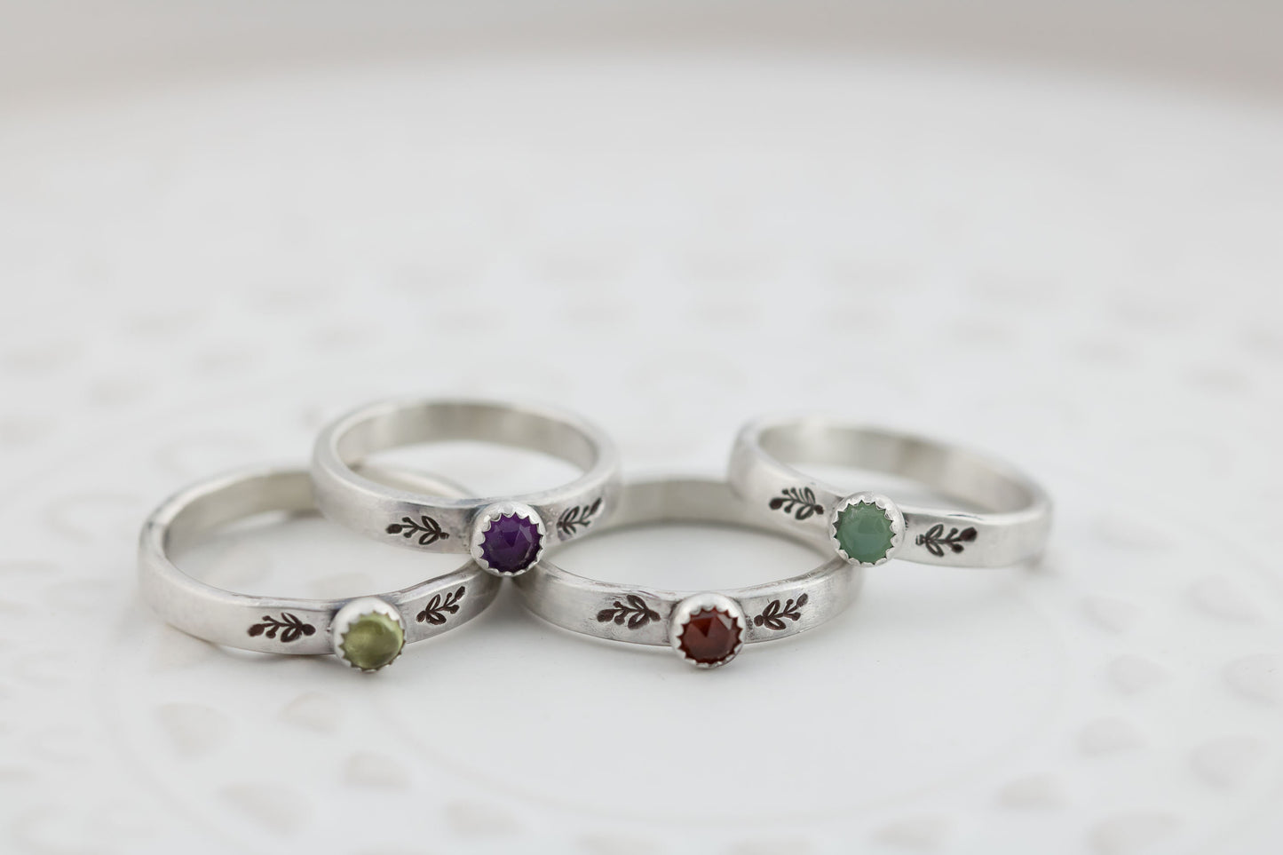 Sterling Silver Gemstone Ring For Women • Amethyst Garnet Peridot • Birthstone Ring, Floral Ring , Botanical Ring, Vine Ring • Chrysoprase