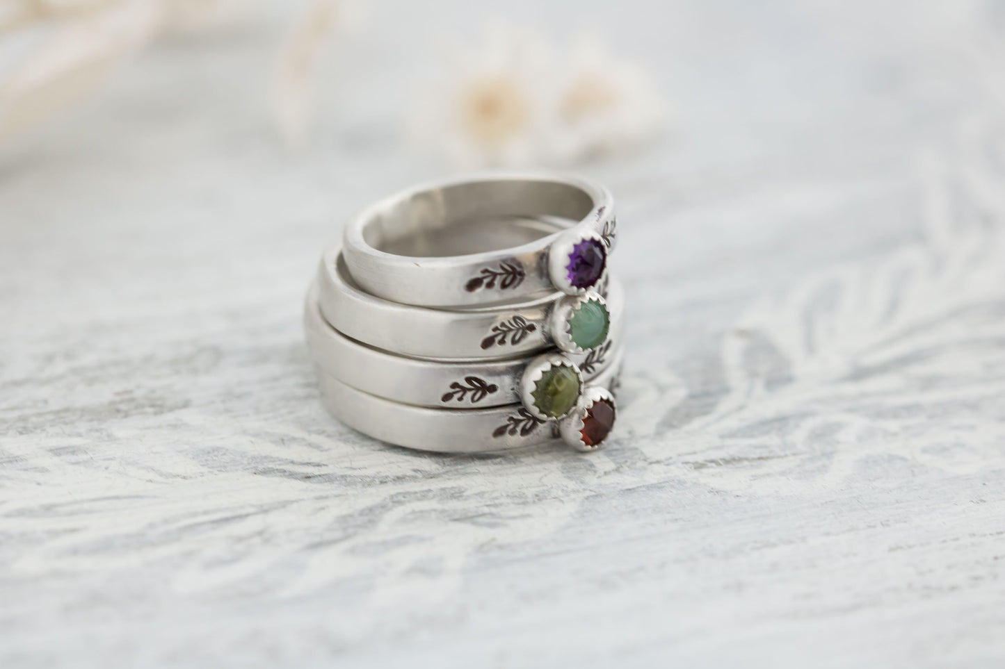 Sterling Silver Gemstone Ring For Women • Amethyst Garnet Peridot • Birthstone Ring, Floral Ring , Botanical Ring, Vine Ring • Chrysoprase