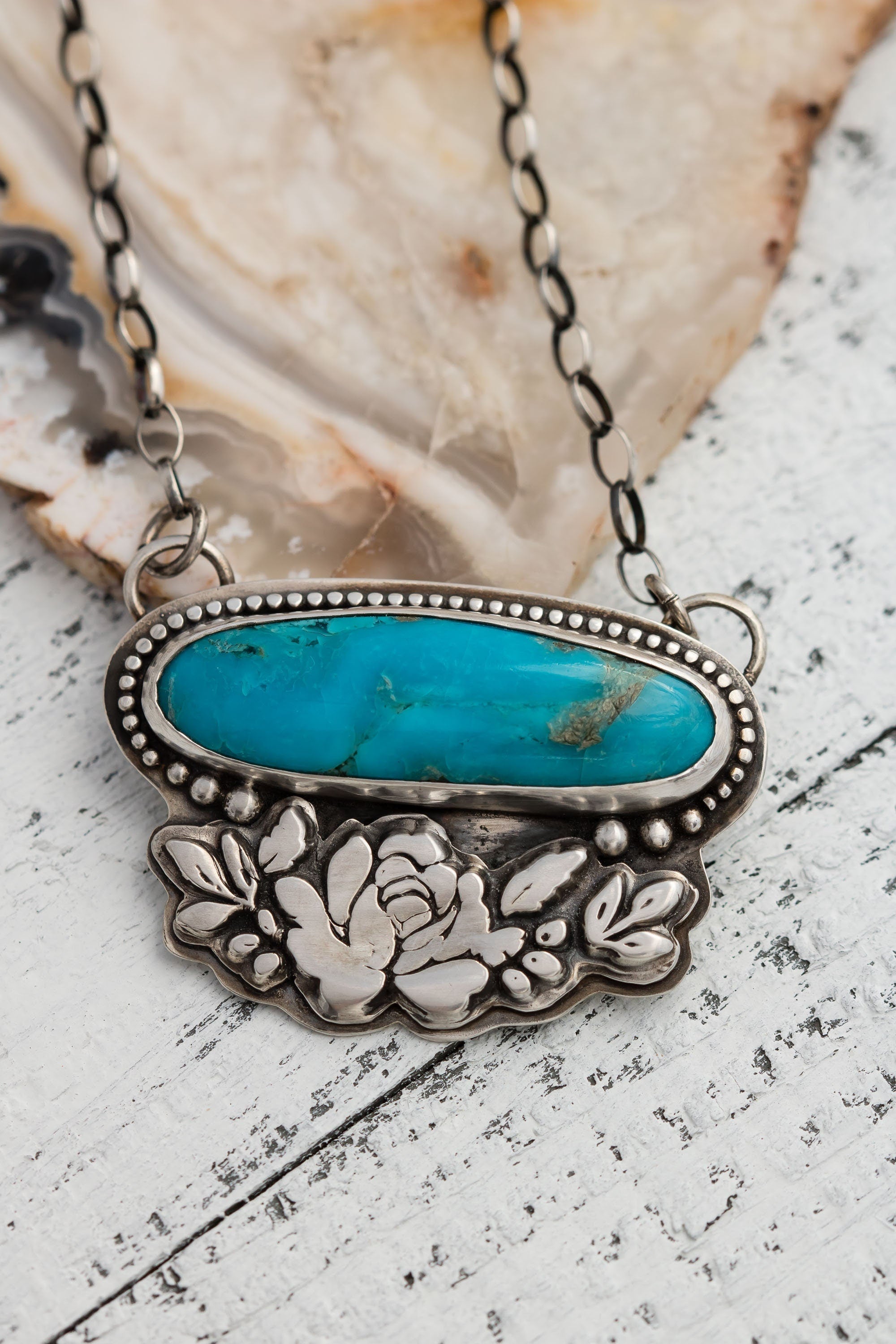 Sterling Silver Kingman Turqusoie Floral Necklace • Large