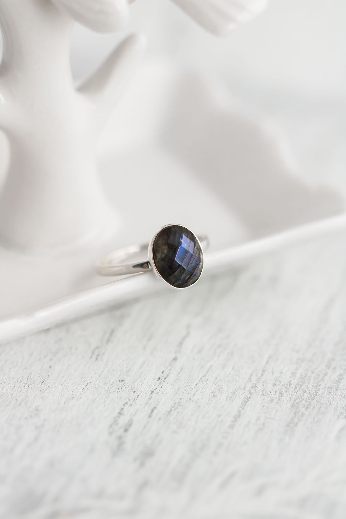 Sterling Silver Labradorite Stacking Ring • Blue Flash Sterling Silver Ring • Boho Statement Ring • Opalescent Ring