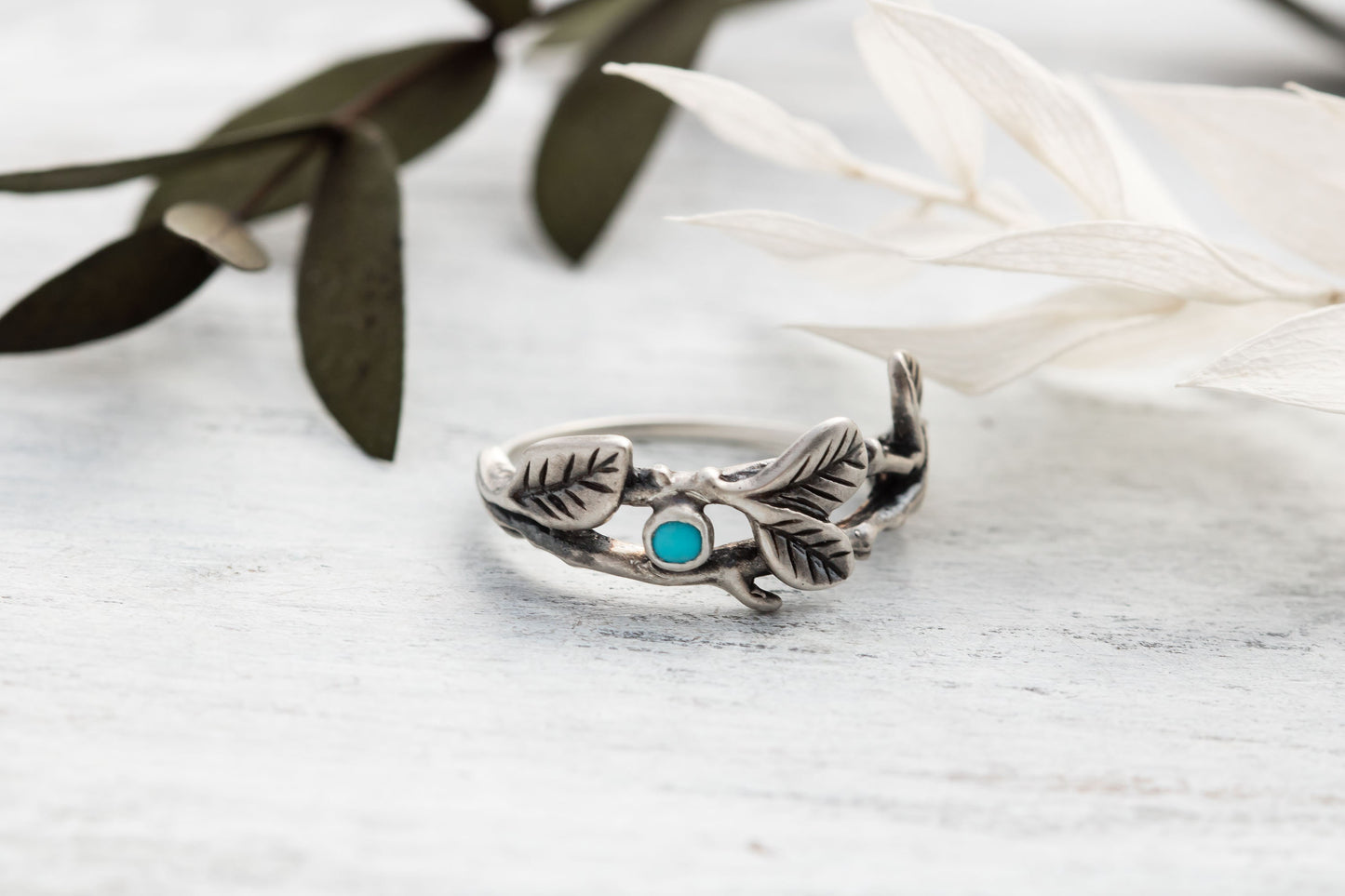 Sterling Silver Turquoise Branch Ring • Genuine Turquoise Ring • Turquoise Floral Ring • Leaf Jewelry • Botanical Ring • Vine Ring For Women