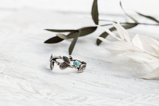 Sterling Silver Turquoise Branch Ring • Genuine Turquoise Ring • Turquoise Floral Ring • Leaf Jewelry • Botanical Ring • Vine Ring For Women