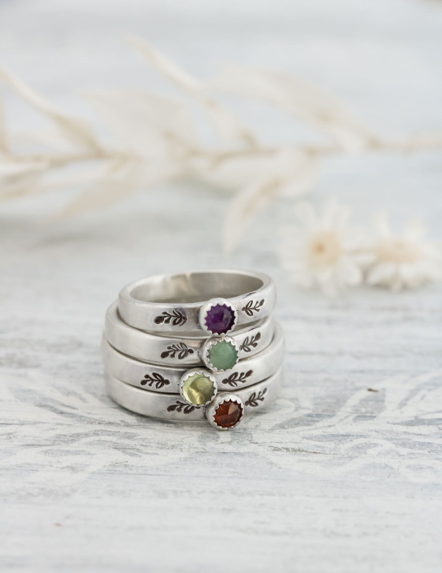 Sterling Silver Gemstone Ring For Women • Amethyst Garnet Peridot • Birthstone Ring, Floral Ring , Botanical Ring, Vine Ring • Chrysoprase