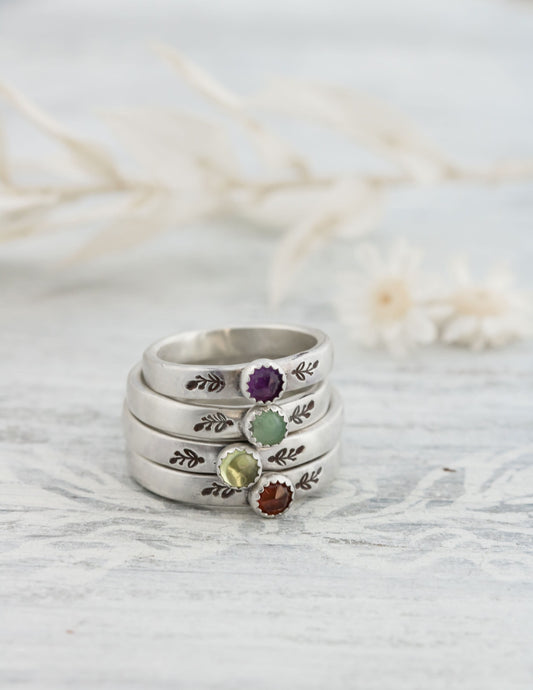 Sterling Silver Gemstone Ring For Women • Amethyst Garnet Peridot • Birthstone Ring, Floral Ring , Botanical Ring, Vine Ring • Chrysoprase