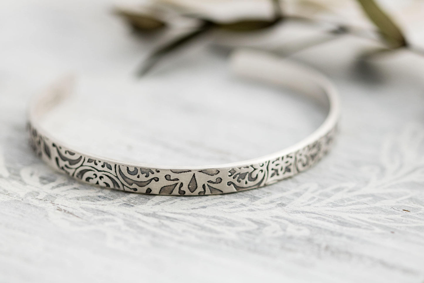 Sterling Silver Floral Textured Cuff Bracelet - Embossed Cuff - 925 Sterling Silver Bracelet - Thin Cuff - Patterned Bracelet For Women