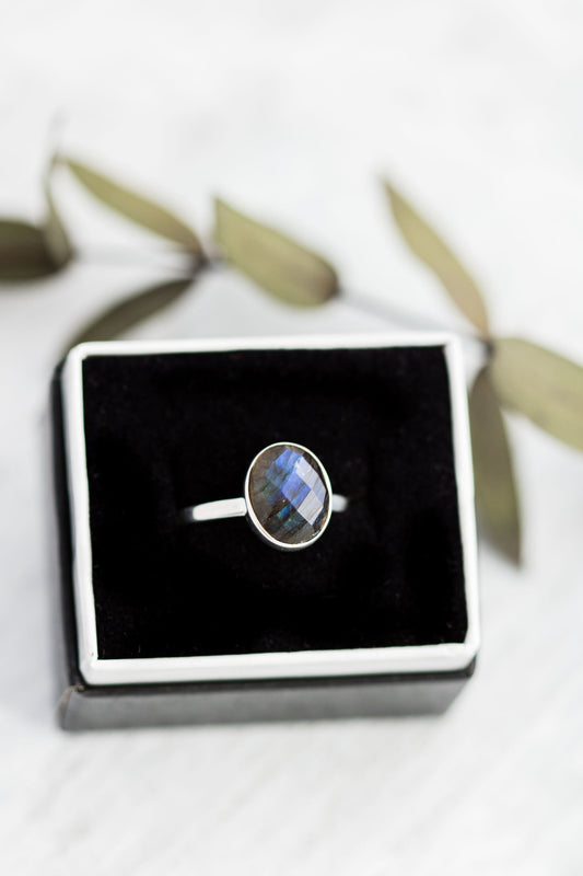 Sterling Silver Labradorite Stacking Ring • Blue Flash Sterling Silver Ring • Boho Statement Ring • Opalescent Ring