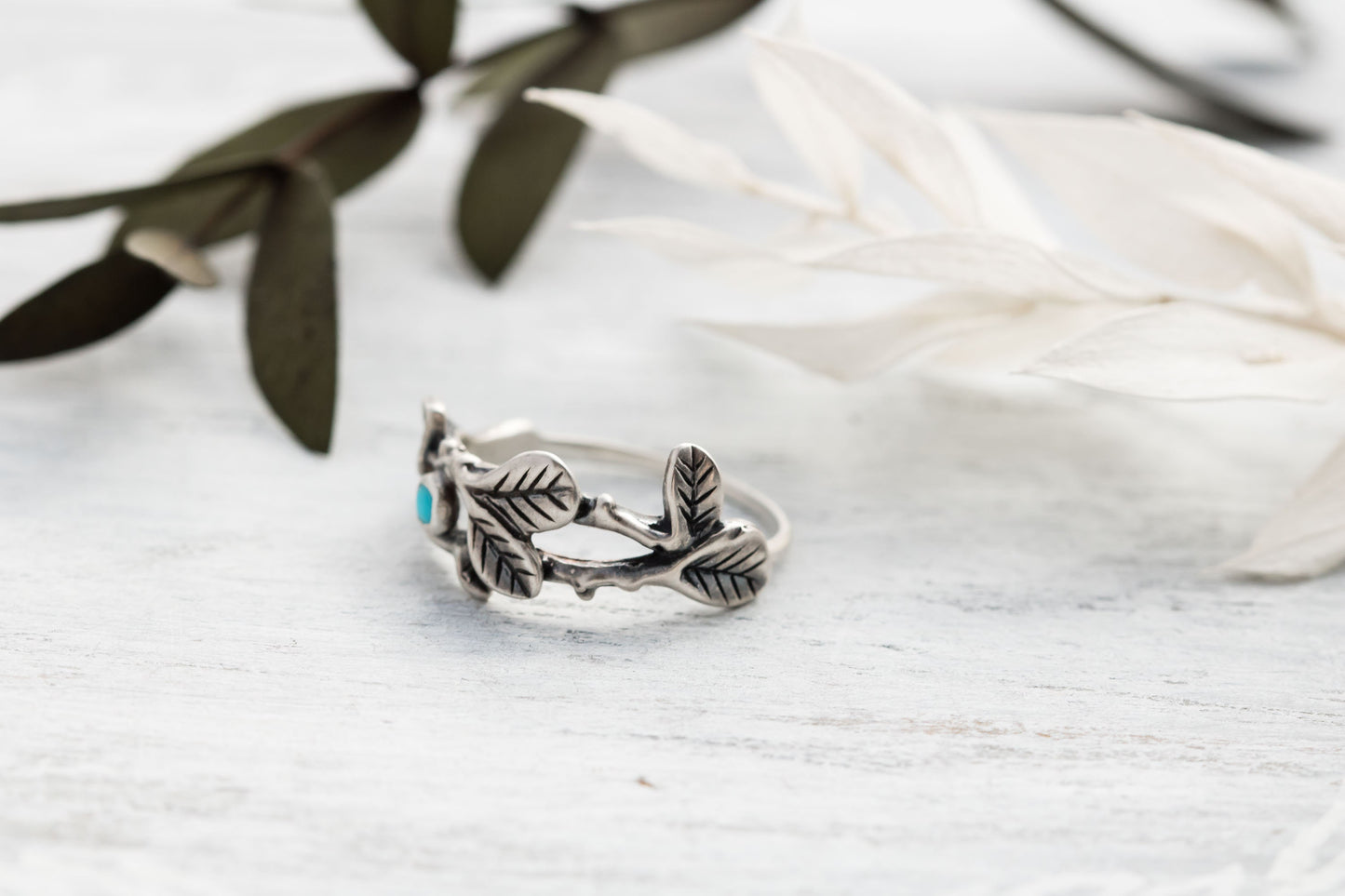 Sterling Silver Turquoise Branch Ring • Genuine Turquoise Ring • Turquoise Floral Ring • Leaf Jewelry • Botanical Ring • Vine Ring For Women