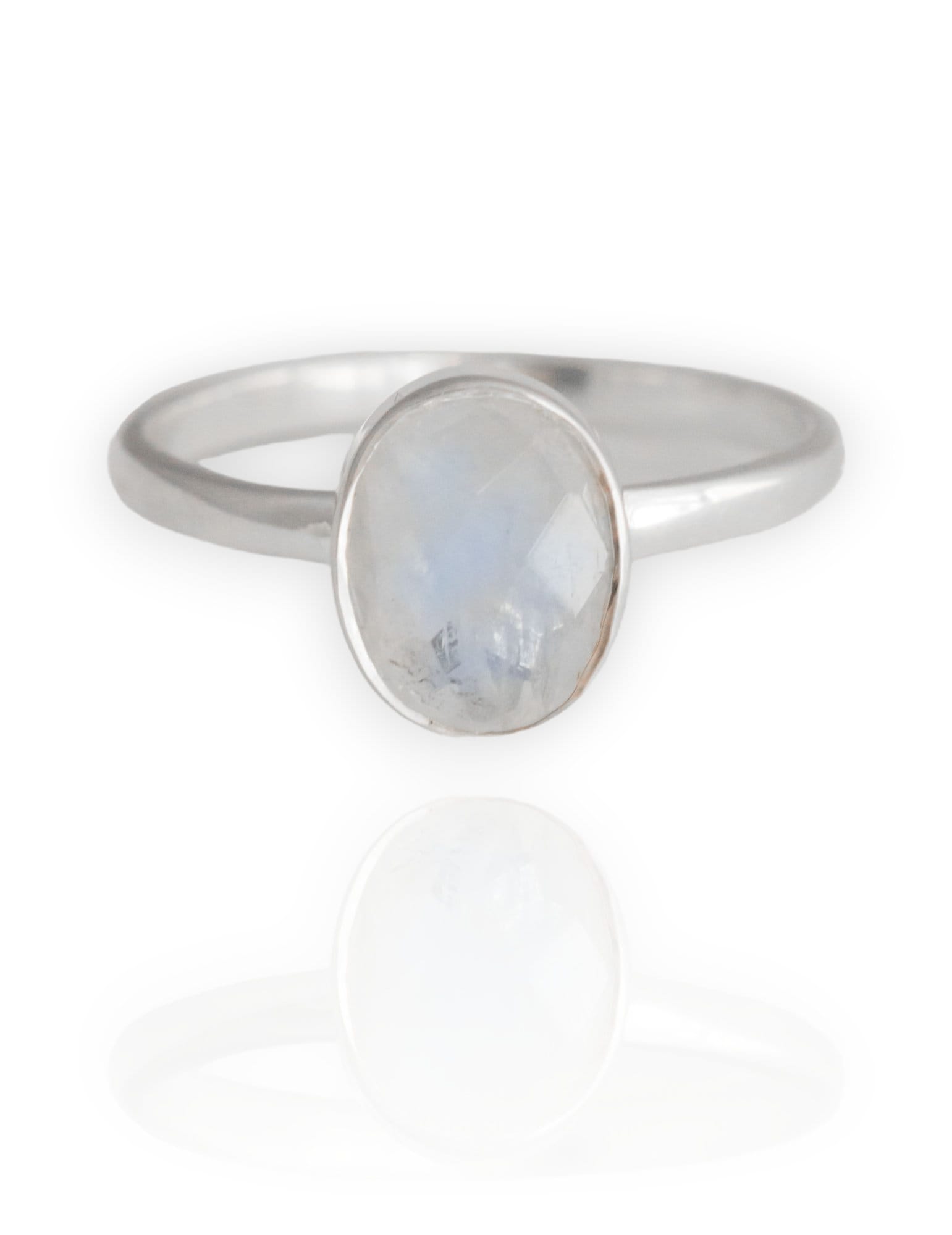 Sterling silver ring with oval faceted moonstone set in a bezel setting with simple silver ring band. 