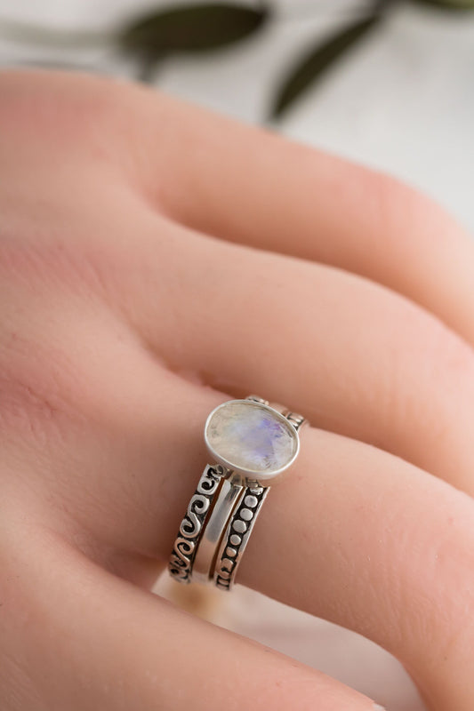 Sterling Silver Moonstone Stacking Ring Set • Blue Flash Ring • Boho Stacking Ring Set • Opalescent Ring