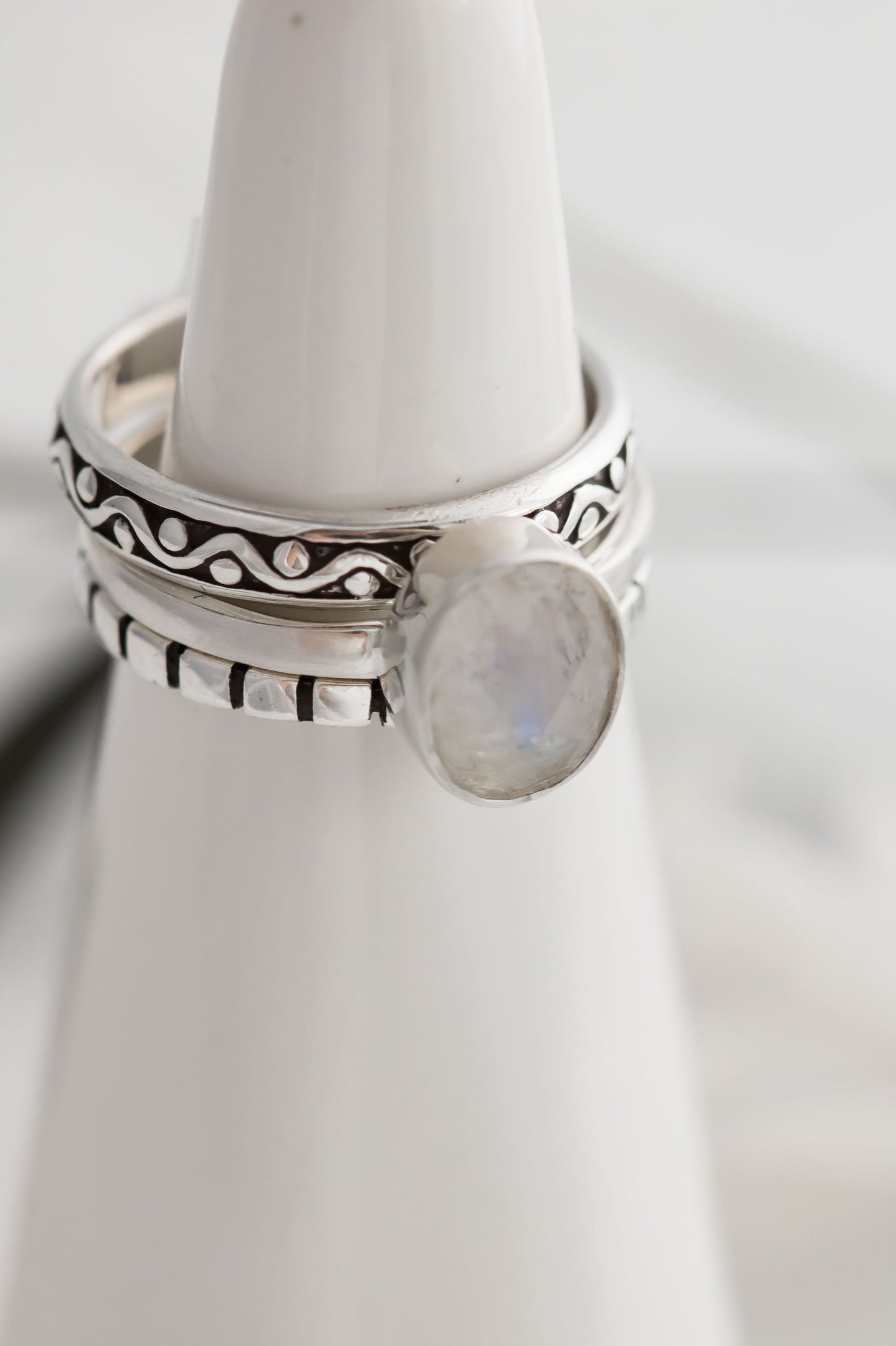 Handcrafted Sterling Silver Moonstone Stacking Ring Set - Blue Flash Boho Rings for Women