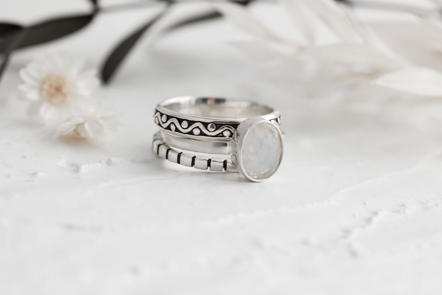 Handcrafted Sterling Silver Moonstone Stacking Ring Set - Blue Flash Boho Rings for Women