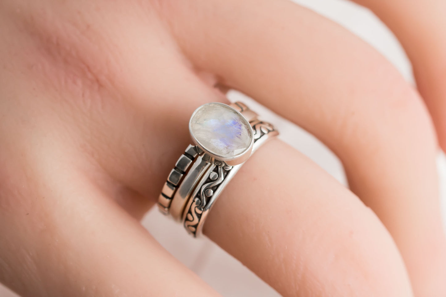 Handcrafted Sterling Silver Moonstone Stacking Ring Set - Blue Flash Boho Rings for Women