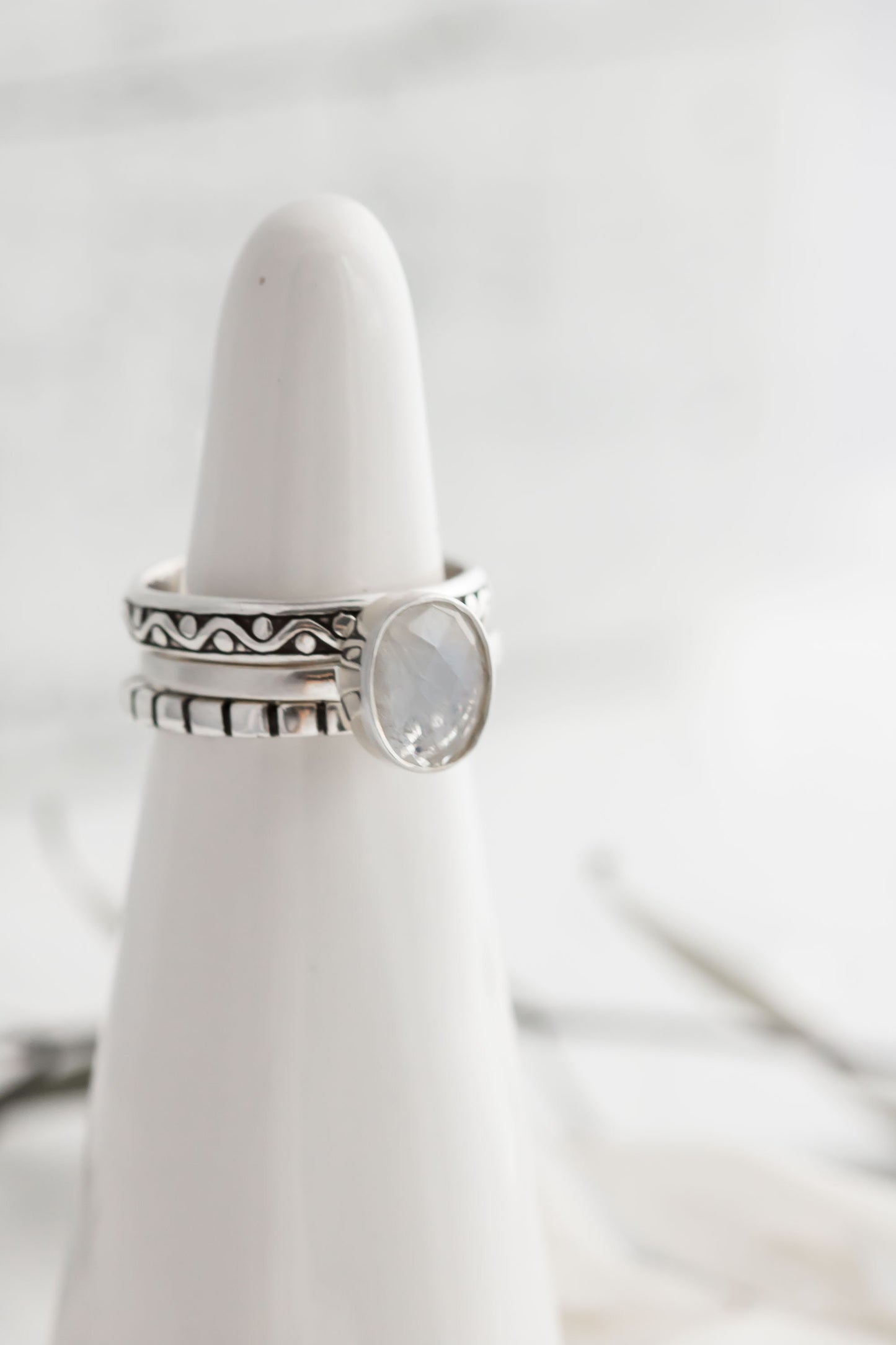 Handcrafted Sterling Silver Moonstone Stacking Ring Set - Blue Flash Boho Rings for Women