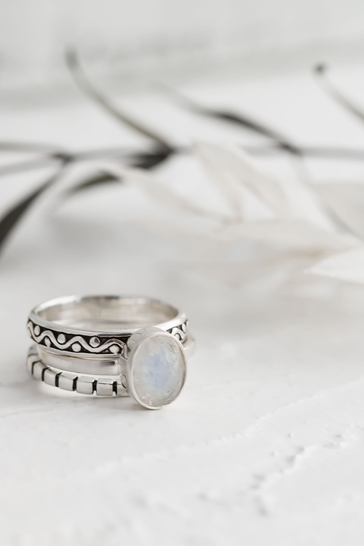 Handcrafted Sterling Silver Moonstone Stacking Ring Set - Blue Flash Boho Rings for Women