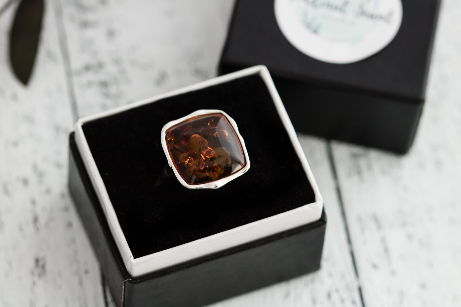 925 Sterling Silver Genuine Square Baltic Amber Chunky Ring on Hand. 