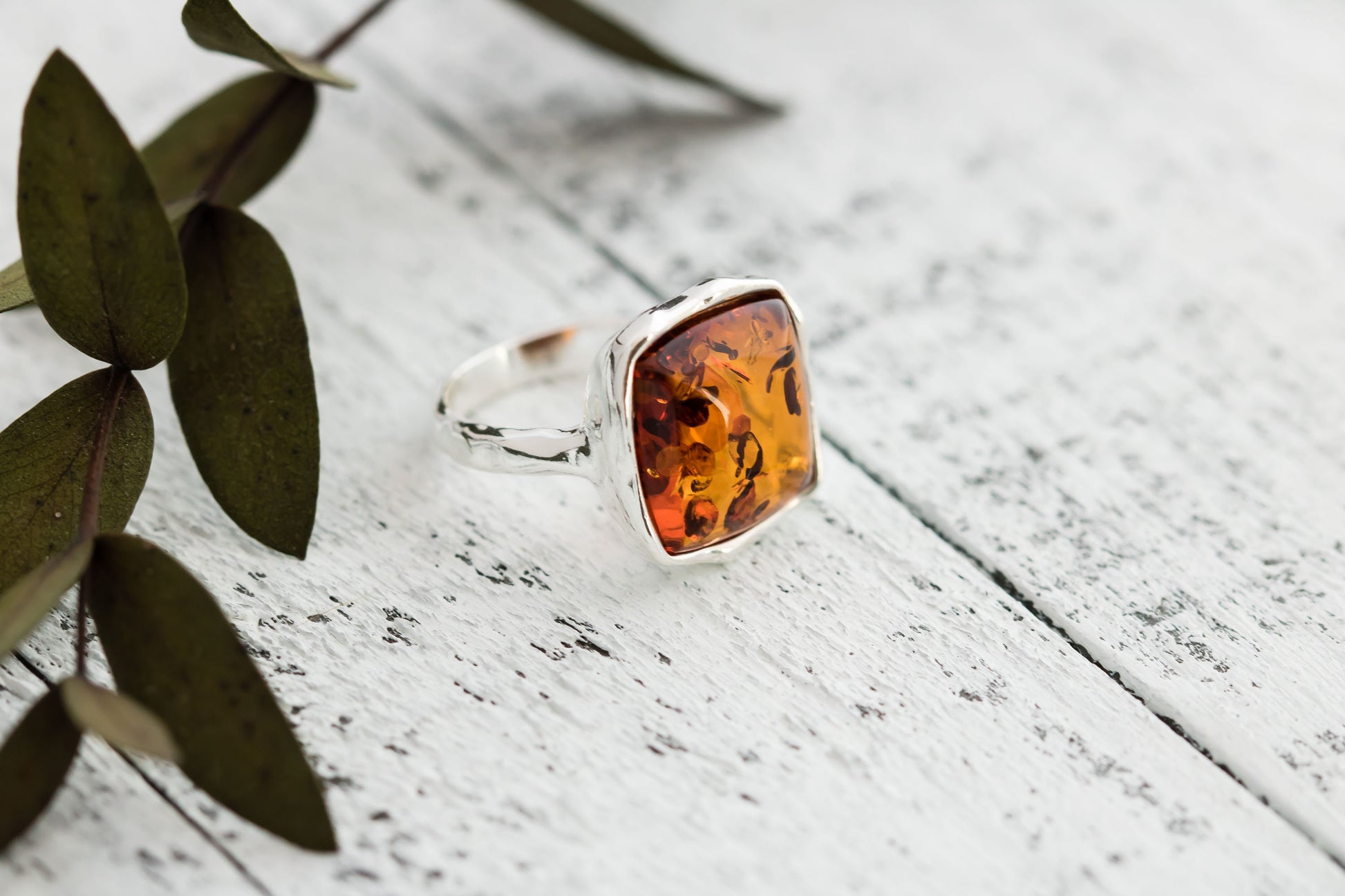 925 Sterling Silver Genuine Baltic Amber Chunky Ring 