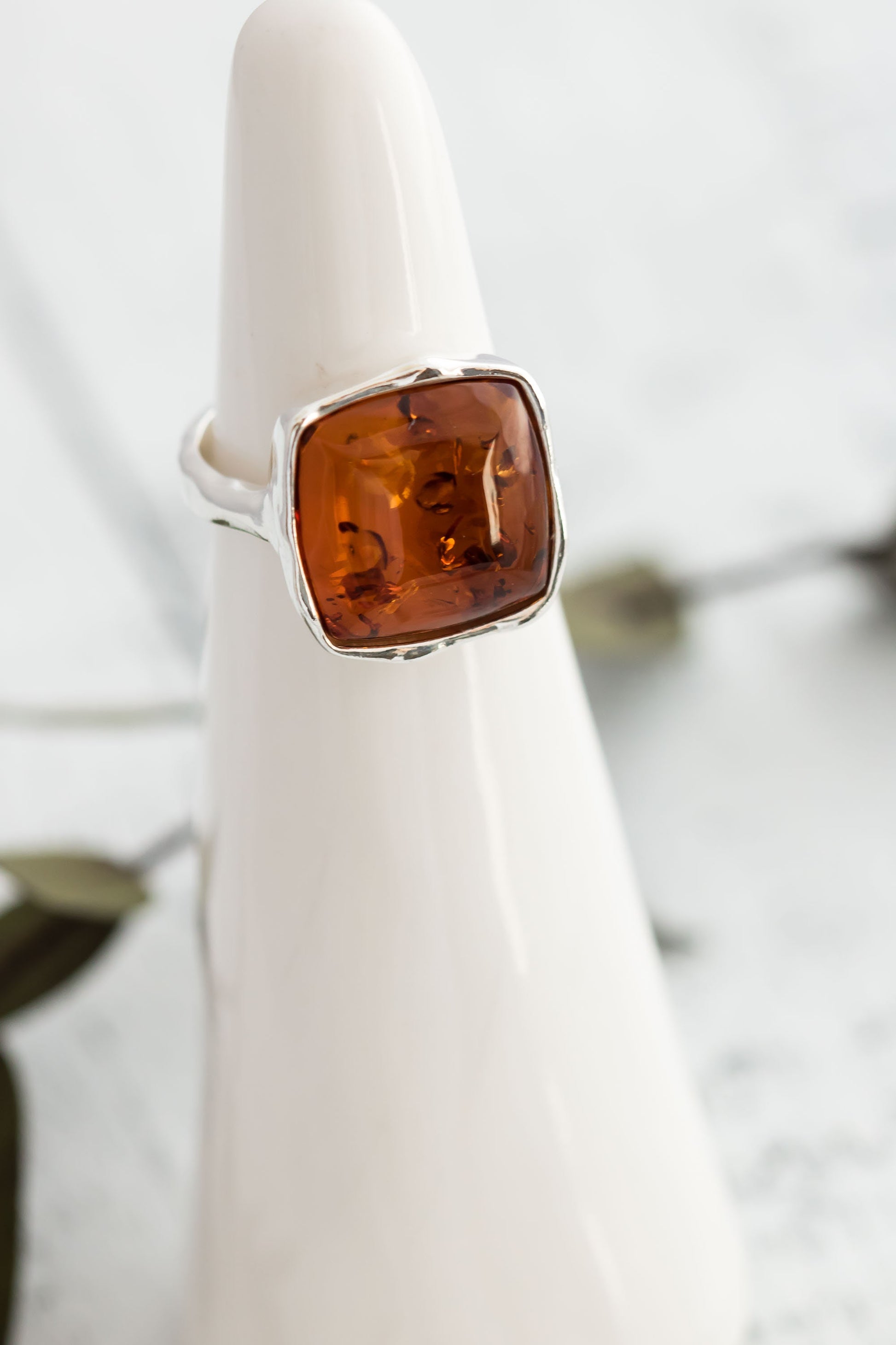 925 Sterling Silver Genuine Square Baltic Amber Chunky Ring.