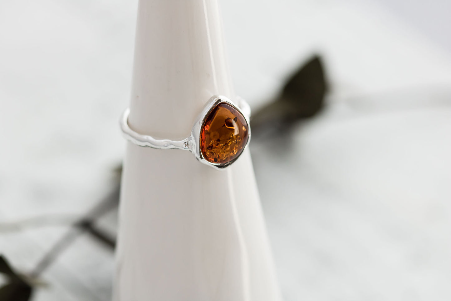 Sterling Silver Baltic Amber Ring, Textured Organic Band, Ethically Sourced Amber Statement Jewelry