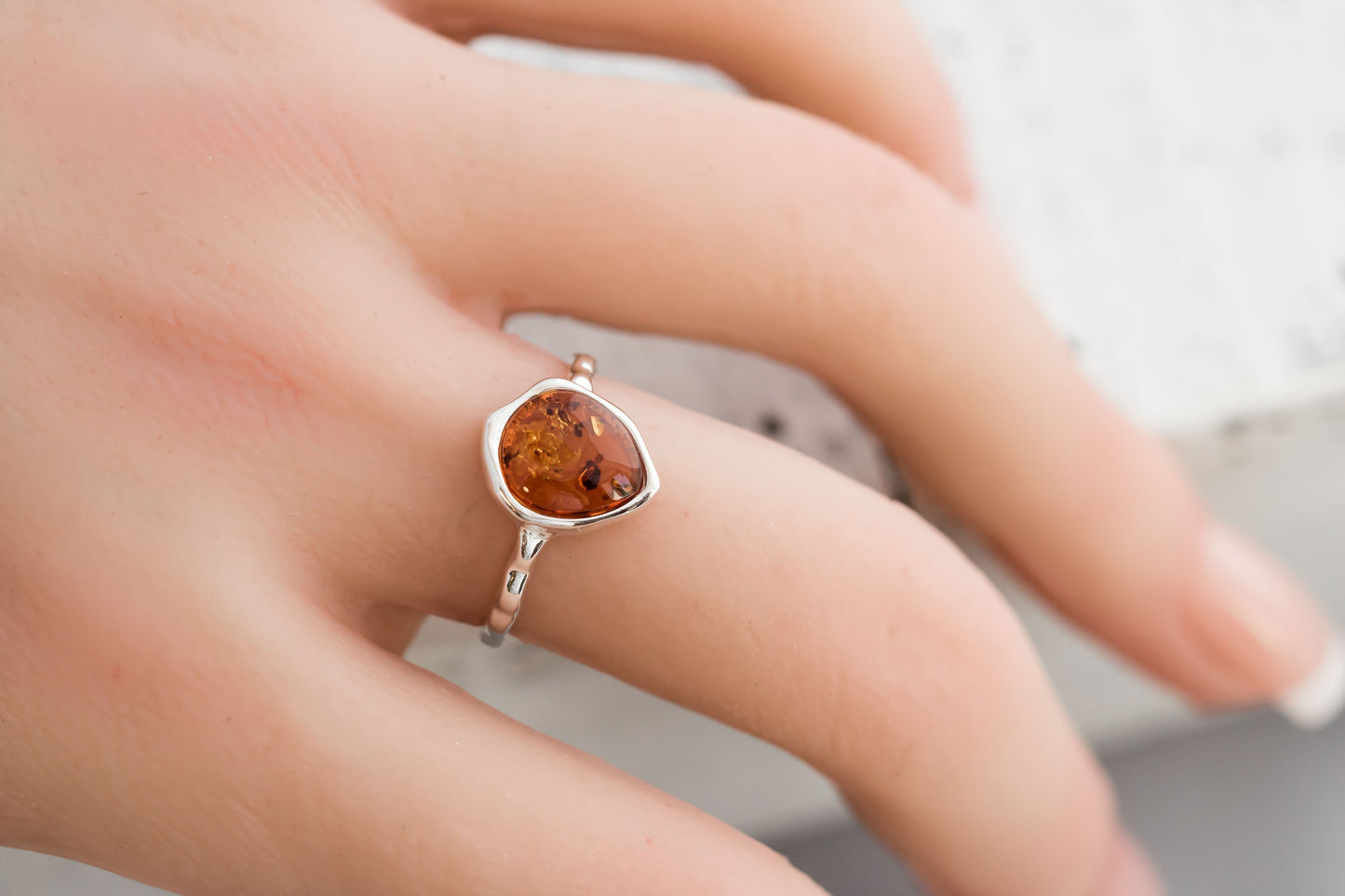 Sterling Silver Baltic Amber Ring, Textured Organic Band, Ethically Sourced Amber Statement Jewelry