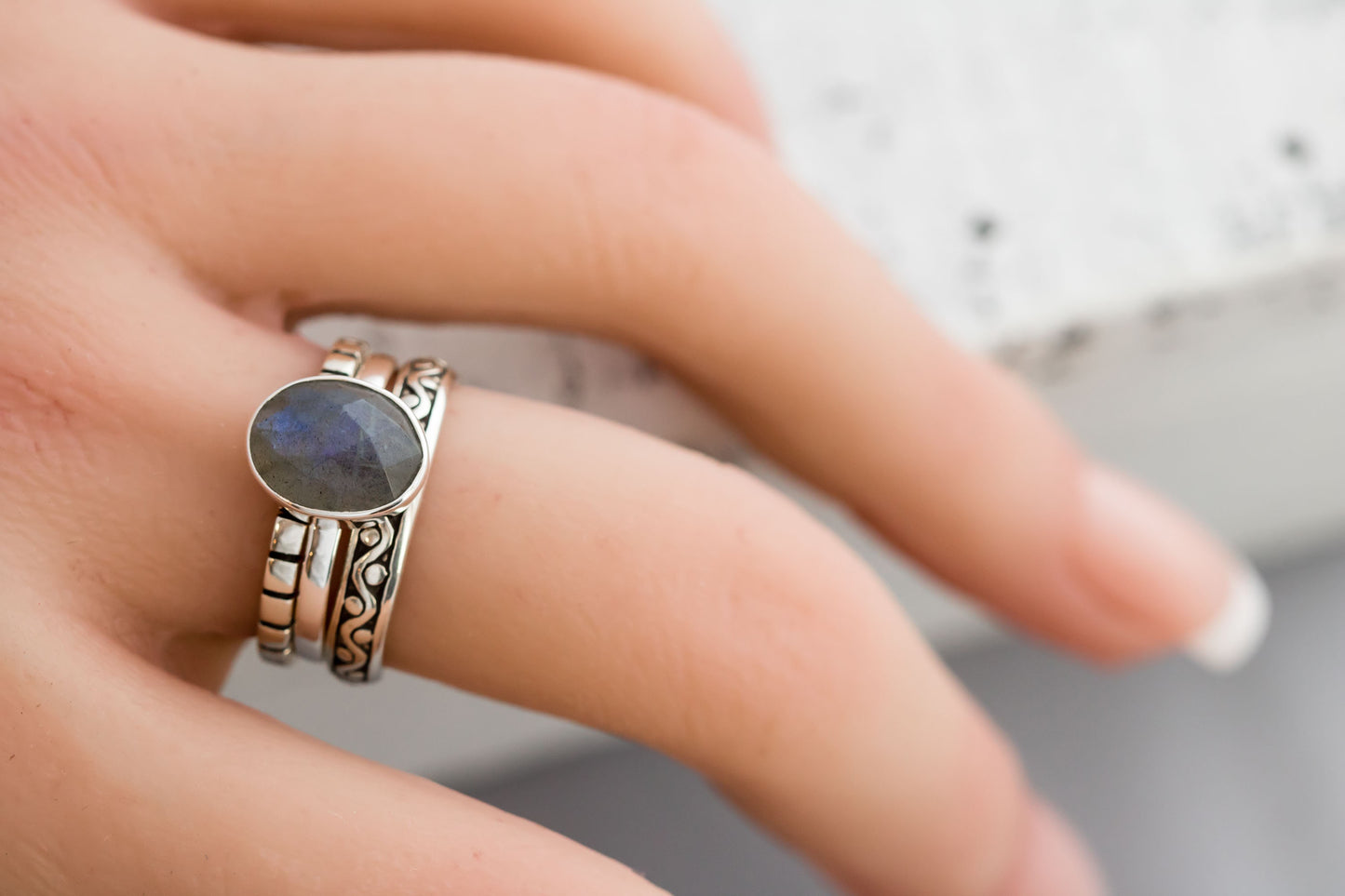 Sterling Silver Labradorite Stacking Ring Set • Blue Flash Sterling Silver Ring • Boho Statement Rings • Opalescent Ring